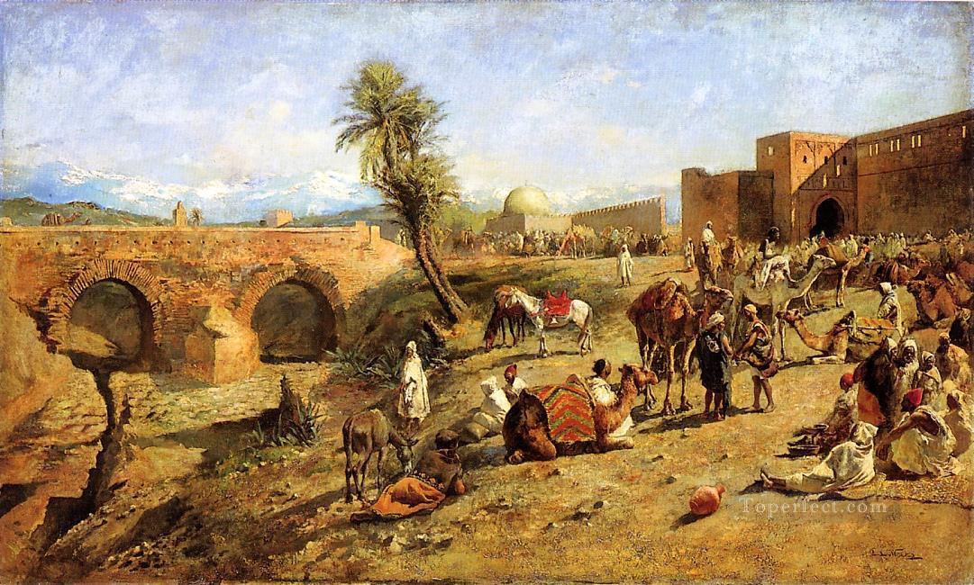 モロッコ市郊外にキャラバンが到着 アラビア人のエドウィン・ロード・ウィーク油絵